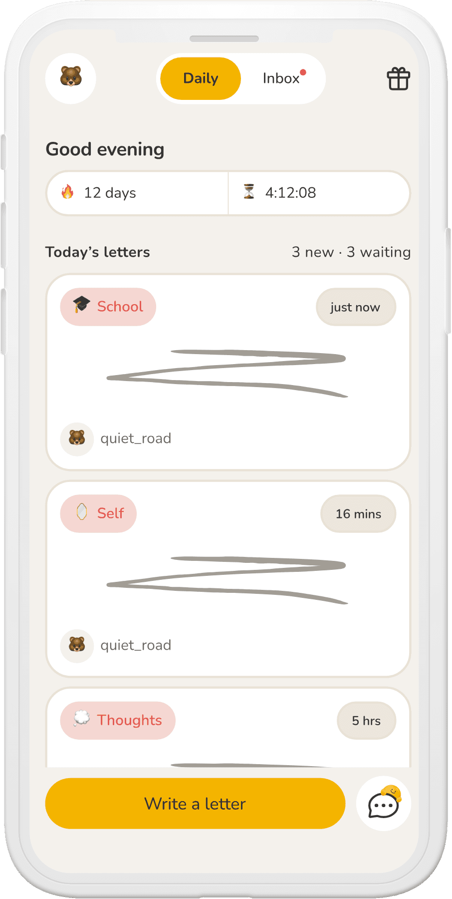 Unlonely Daily screen with incoming anonymous letters and a Write a letter button