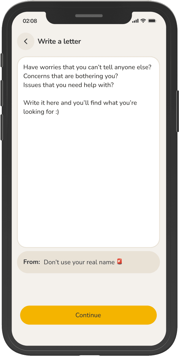 Unlonely Write a letter screen with a text area, anonymous name field, and Continue button